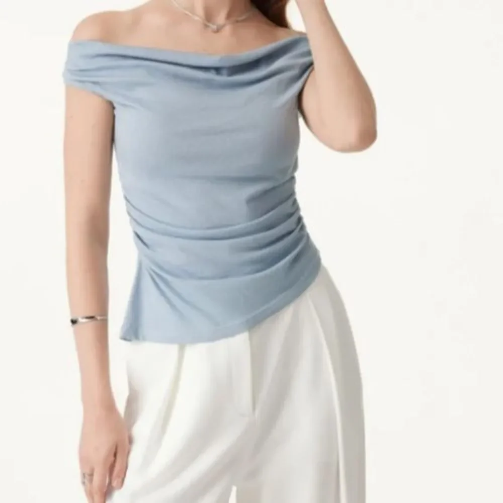 OGL Blue Linen Blend Side Ruched Off Shoulder Asymmetric Hem Brami Top Sz Large - Picture 8 of 12